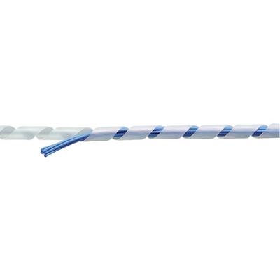Un accessorio per endoscopia con avvolgimento a spirale blu e bianco. Un filo blu sporge, probabilmente per un utilizzo medico.