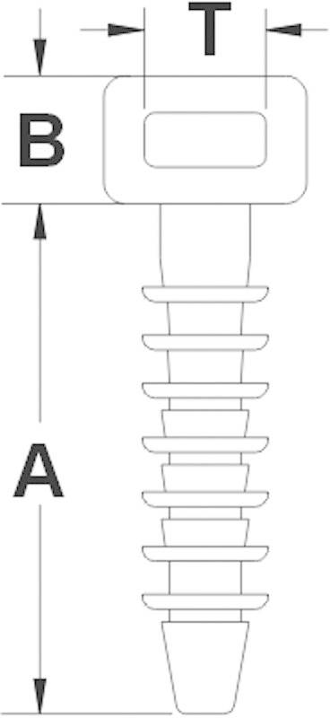 Diagramma di un calibro a vite. Le etichette 'A', 'B' e 'T' indicano diverse lunghezze e larghezze delle viti.