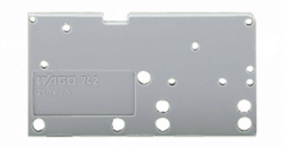 Coperchio grigio con diversi fori rotondi e la scritta 'WAGO 742 250V/6A'.