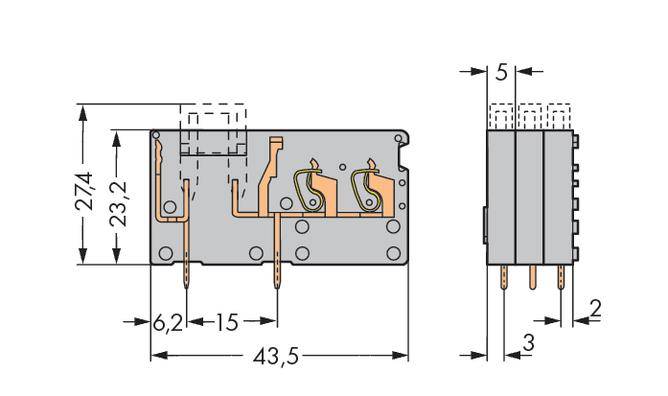 Disegno tecnico di un relè elettronico con dimensioni. Mostra la vista laterale e frontale, nonché il cablaggio interno e le misure in millimetri.