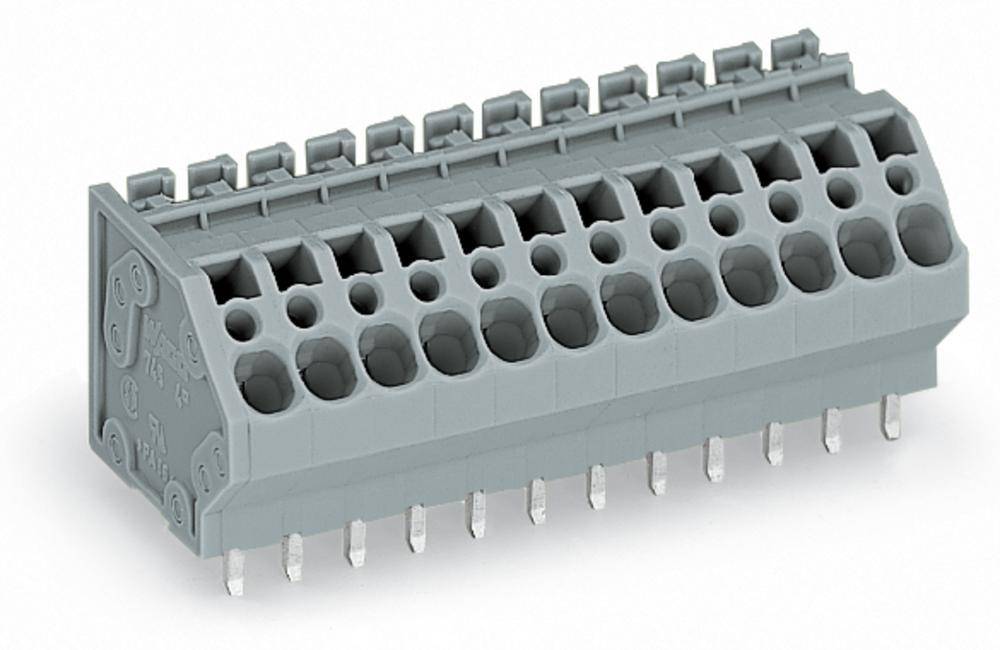 Un connettore elettrico grigio, visto di lato, con più file di pin.