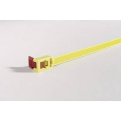 Un fascetta gialla con chiusura rossa su sfondo bianco.