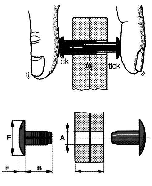 L'illustrazione mostra come un tappo viene inserito premendolo con il pollice e le dita in un foro; sotto sono riportate le dimensioni del tappo.