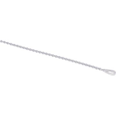 Una guida cavi lunga e flessibile in design trasparente con ispessimenti regolari lungo la lunghezza, adatta per raggruppare e organizzare i cavi.
