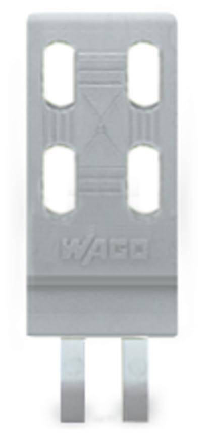 Un verificatore di sicurezza grigio con la scritta 'WAGO', in alto con fessure per il contatto, in basso due spinotti metallici di connessione.