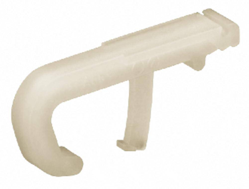 Un gancio in plastica bianco dalla forma leggermente curva, idoneo per fissare o appendere piccoli oggetti.