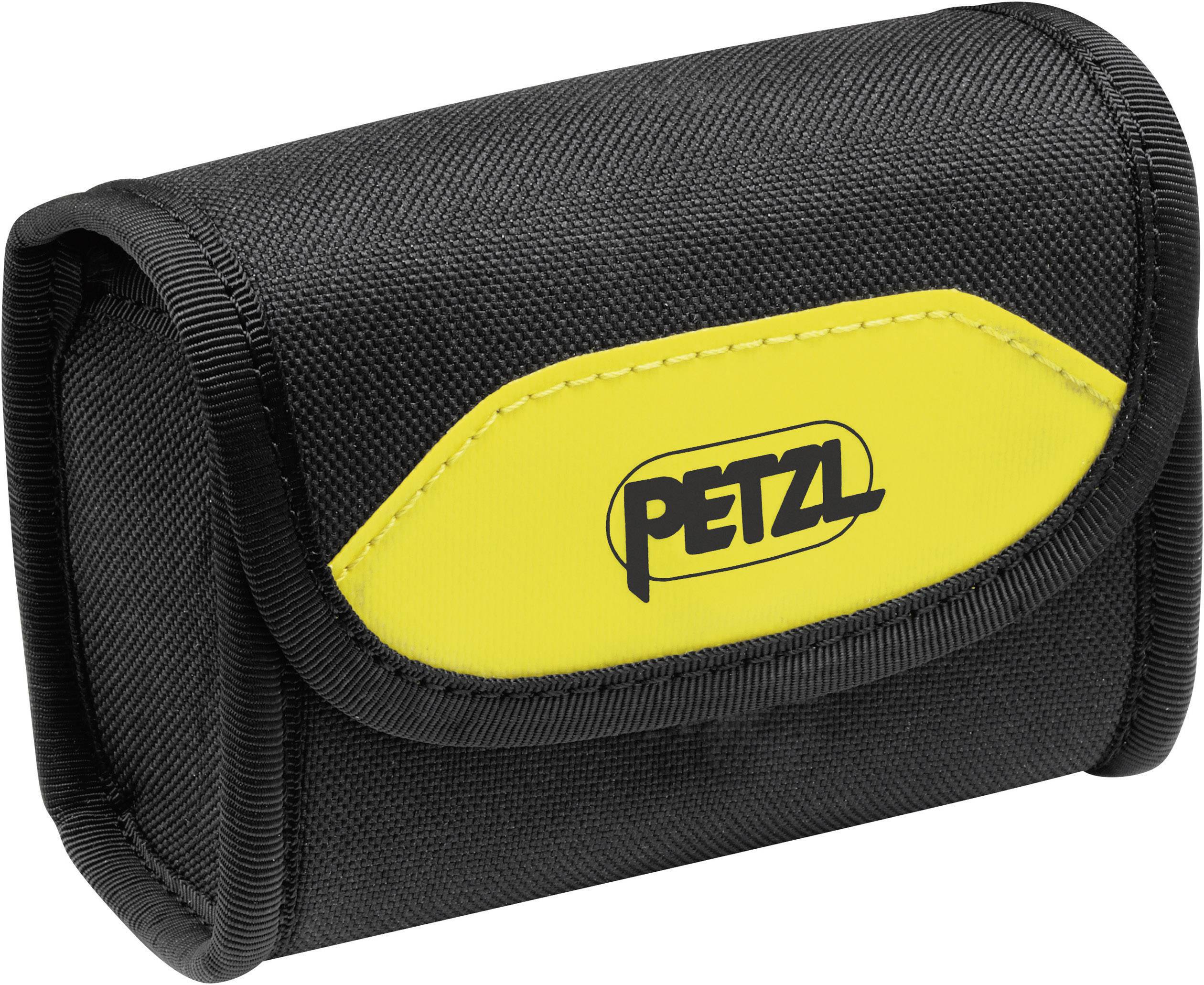 Borsa nera con stampa gialla del logo 'PETZL', adatta per conservare accessori per arrampicata o attrezzature di sicurezza.