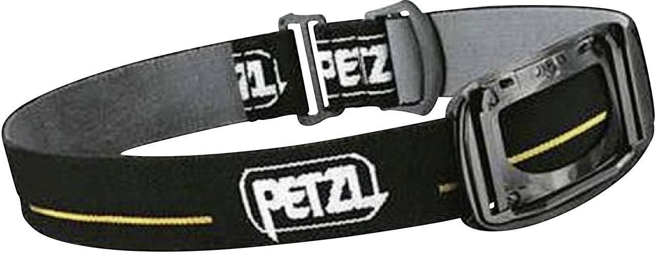 Fascia nera per la testa con logo 'PETZL' in bianco, striscia gialla e fibbia grigia.