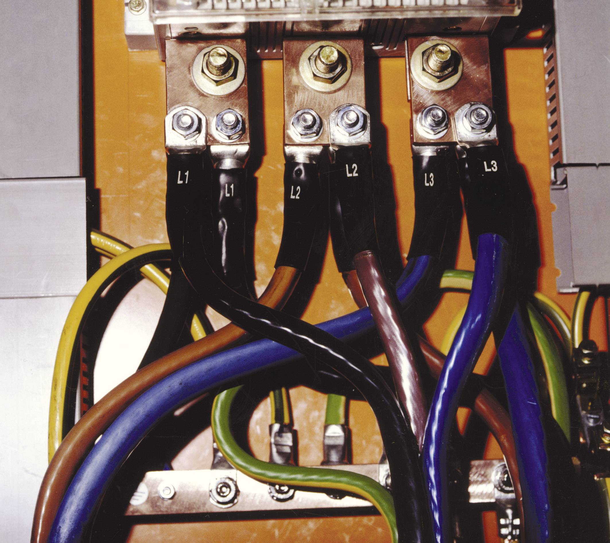 Quadro elettrico con cavi contraddistinti da colori (marrone, nero, grigio, blu) e connettori L1, L2, L3 per l'alimentazione elettrica.