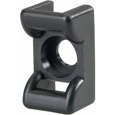 Clip nero, rettangolare in plastica, con un foro rotondo al centro e bordi curvi, presumibilmente utilizzato per fissare cavi.