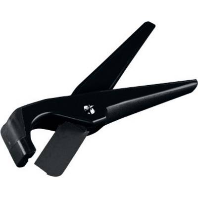Un apribottiglie nero con manico lungo, progettato per aprire le bottiglie sollevando e rimuovendo i tappi a corona metallici.
