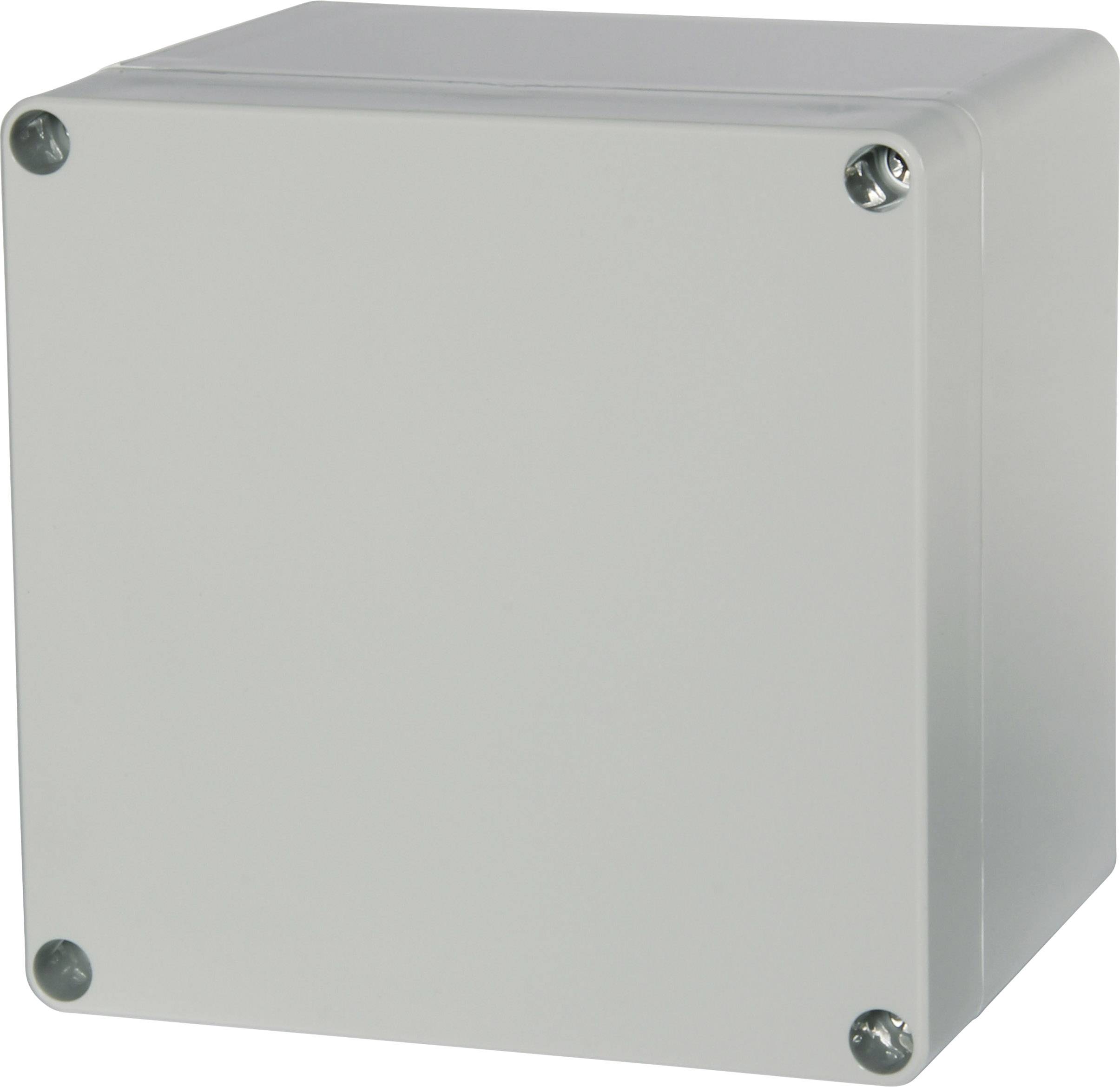Scatola di distribuzione grigia con quattro viti visibili agli angoli, utilizzata per la distribuzione dell'energia elettrica.