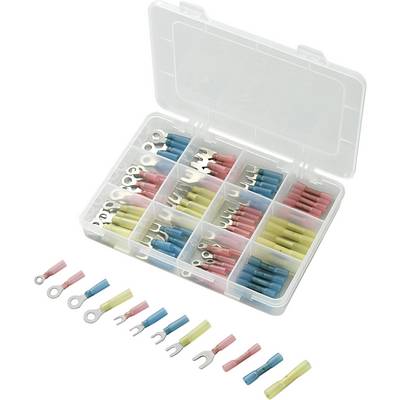 Una scatola di plastica aperta contiene diversi cappucci terminali e connettori colorati, tra cui blu, gialli e rossi, ordinati in scomparti.