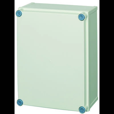 Involucro elettrico a forma di scatola con quattro viti blu agli angoli, su uno sfondo bianco.