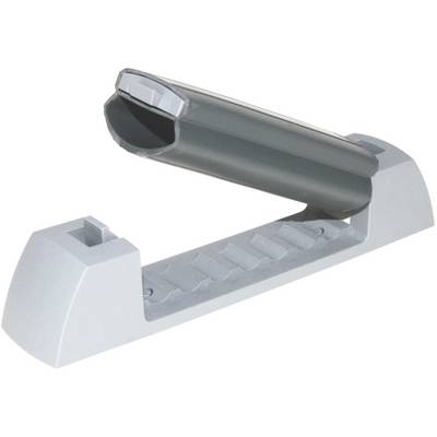 Un supporto per coltelli aperto in grigio, composto da due parti: una base con vani e un coperchio di protezione superiore rimovibile.