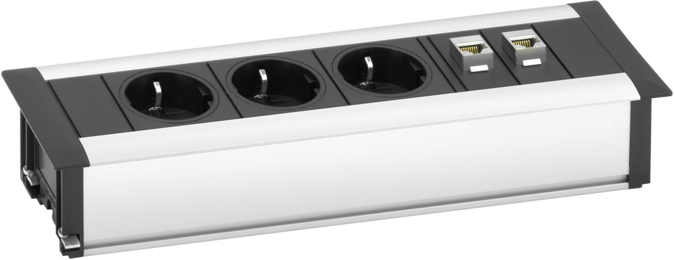 Multipresa con tre prese Schuko e due porte RJ45 di rete, con involucro argentato, adatta per postazioni di lavoro in ufficio o a casa.