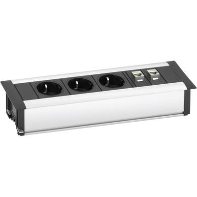 Multipresa con tre prese Schuko e due porte RJ45 di rete, con involucro argentato, adatta per postazioni di lavoro in ufficio o a casa.