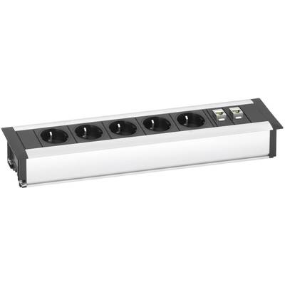 Un blocco prese con sei prese elettriche e due porte USB, idoneo per l'integrazione in un tavolo o un piano di lavoro.