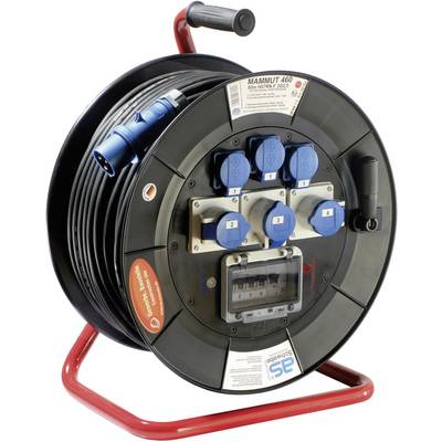Un tamburo nero per cavi con diverse prese elettriche blu, montato su un telaio rosso. Ha un manico per il trasporto in alto.