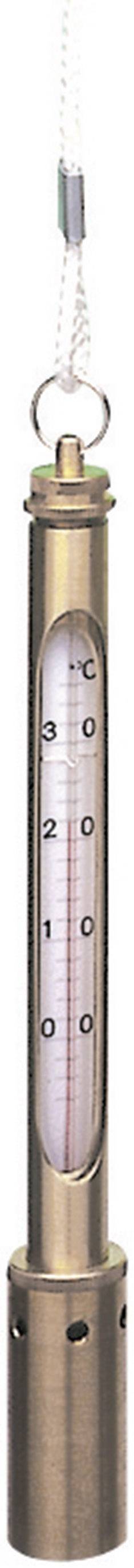 Termometro in un involucro metallico, utilizzato per misurare la temperatura, con scala da -30 a 50 gradi Celsius.