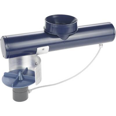 Pluviometro blu con pale rotanti e canale di raccolta, per la misurazione delle quantità di precipitazioni.