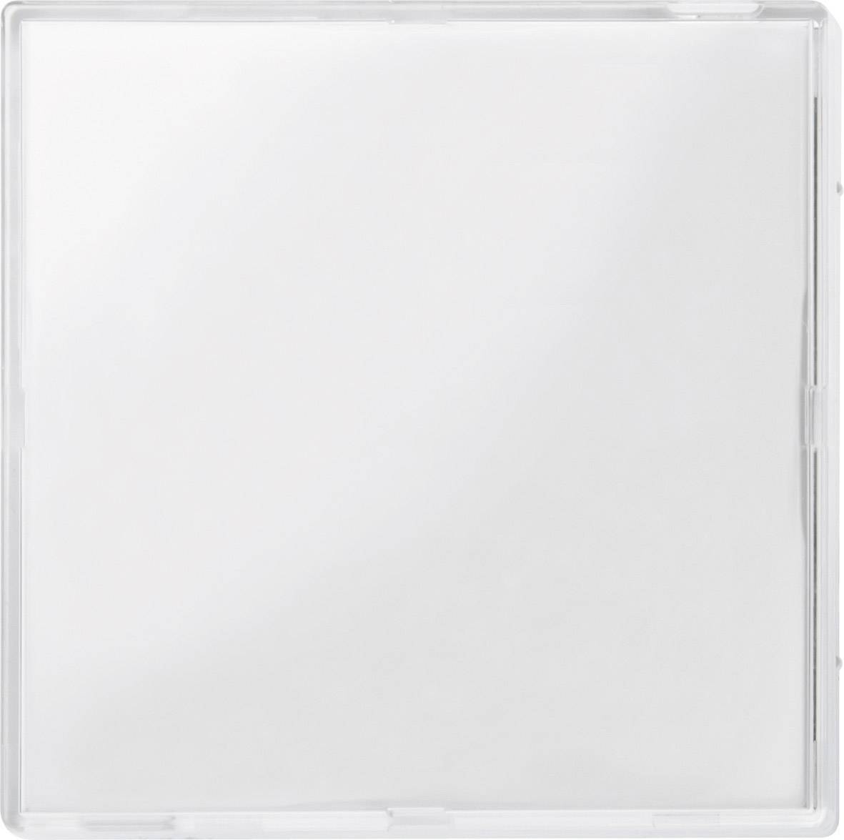 Un cover per CD vuoto, trasparente, in plastica, quadrato con superficie leggermente riflettente.