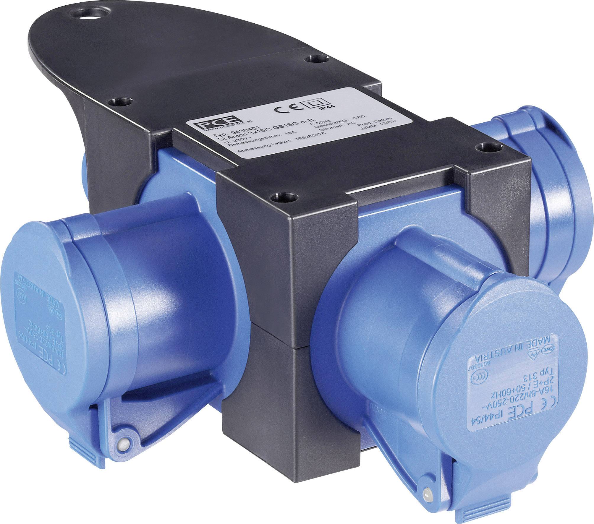 Adattatore elettrico blu con quattro prese, design robusto, idoneo per applicazioni industriali, marca e specifiche in alto.