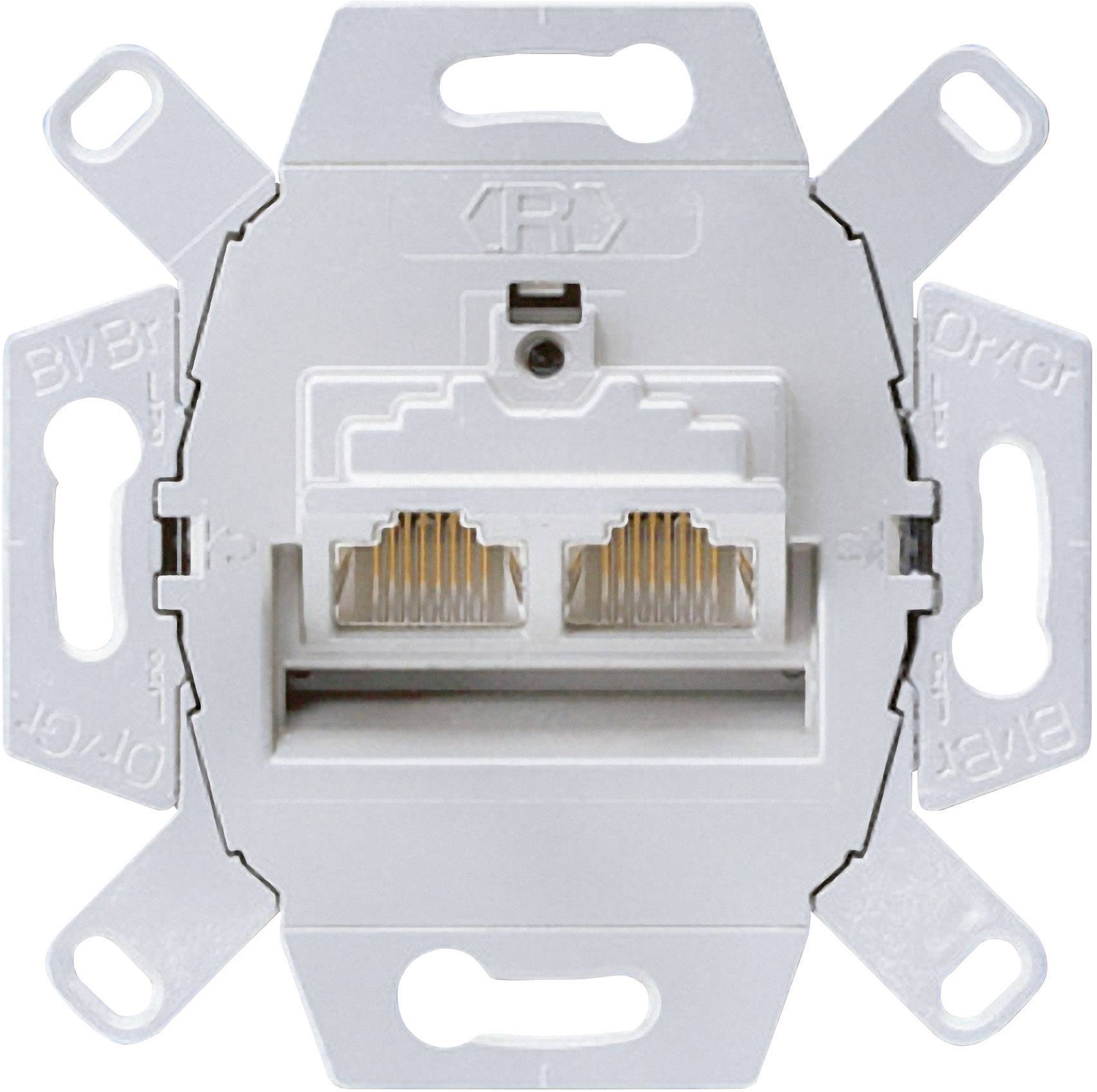 Presa di rete con due porte Ethernet, fissata centralmente, circondata da fori di montaggio per un'installazione semplice a parete.