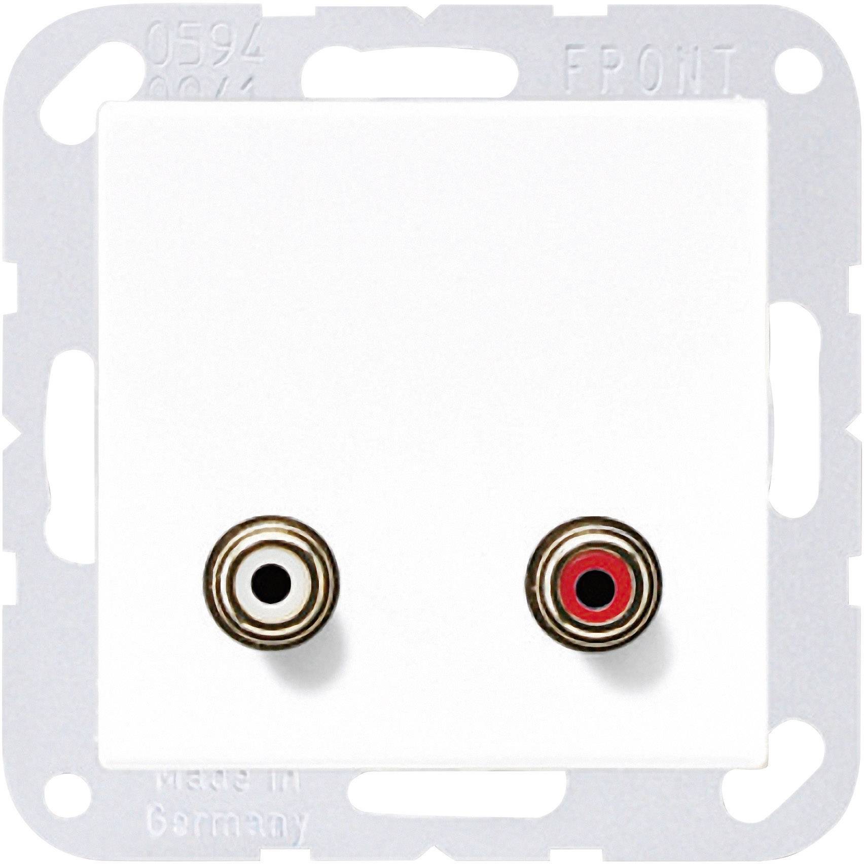 Modulo frontale bianco con due connettori RCA (nero e rosso) per montaggio a parete. Adatto per connessioni audio/video.