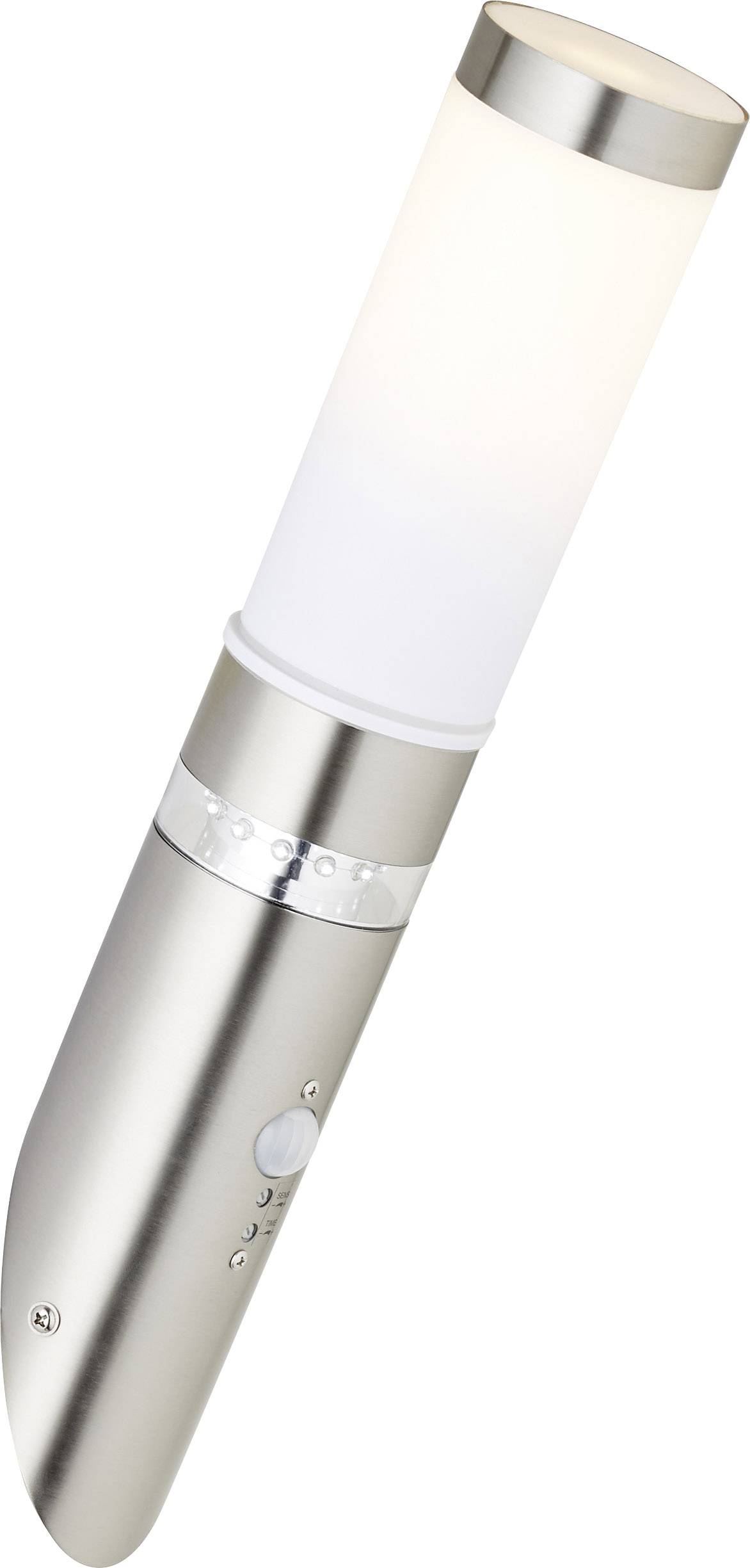 Torcia LED argentata con custodia bianca e pulsante sul lato.