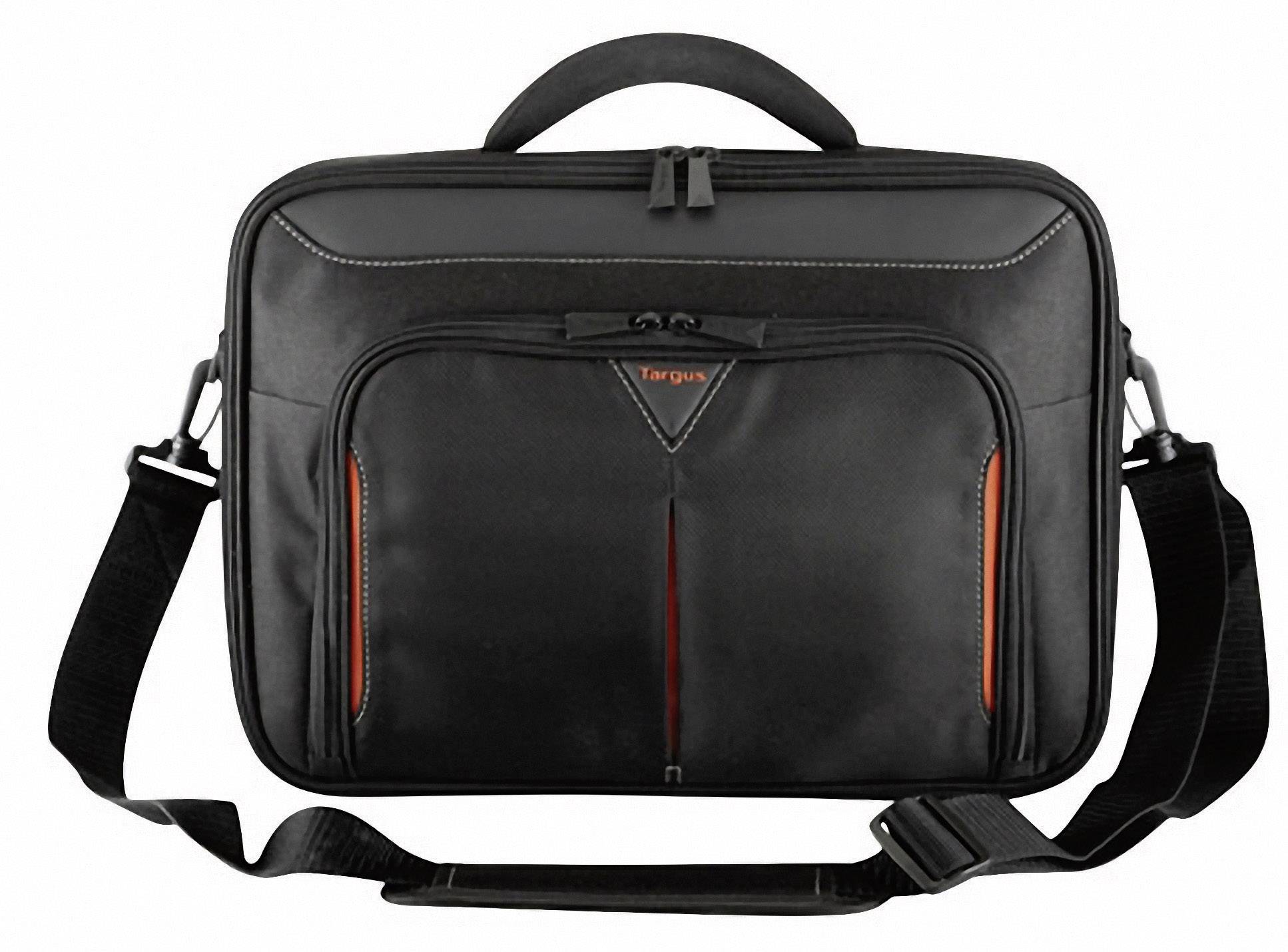 Una borsa nera per laptop con manico, tracolla e diversi scomparti con cerniera, adatta al trasporto di dispositivi elettronici.