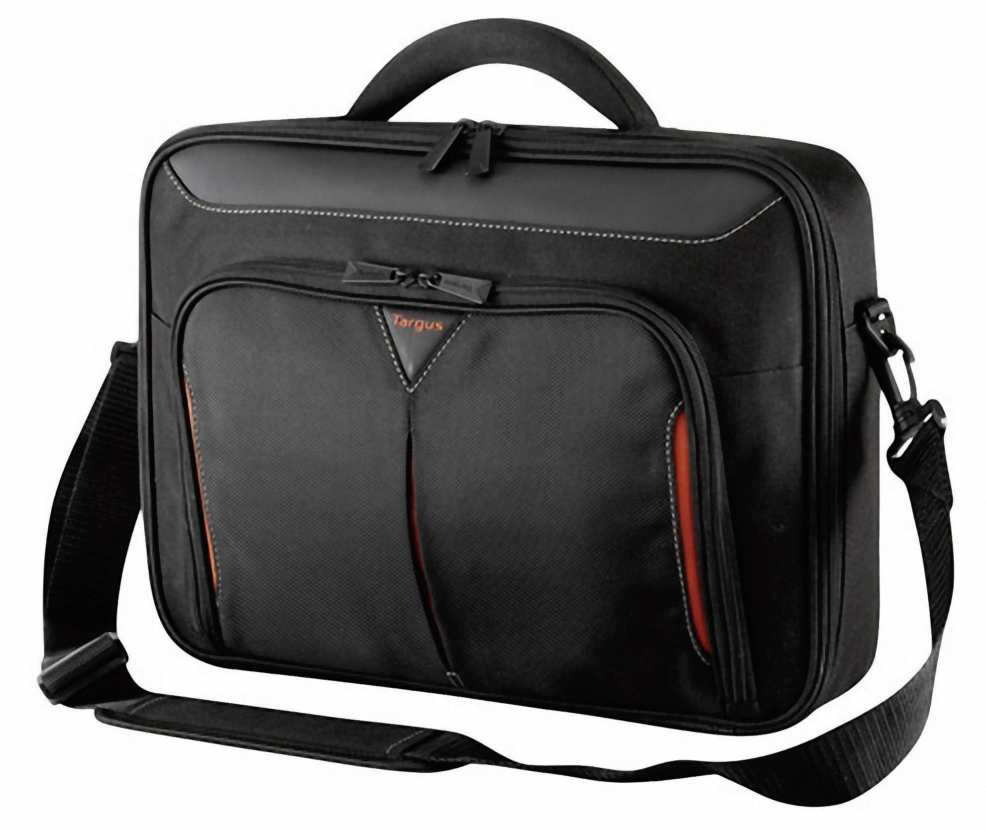 Borsa per laptop nera con manico e tracolla, tasche con cerniera anteriori, design essenziale, idonea per il trasporto.