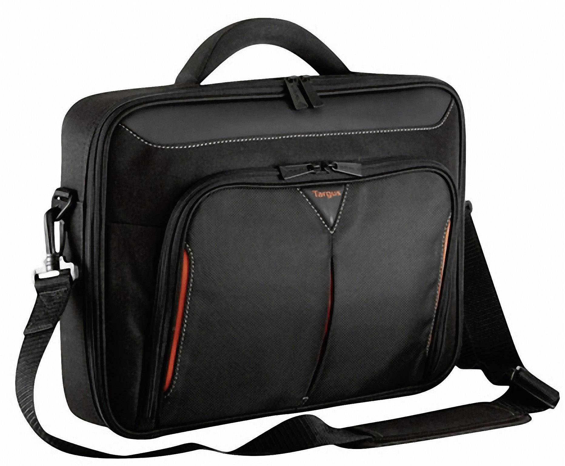 Borsa per laptop nera con tracolla e manico, tasca frontale con cerniera.