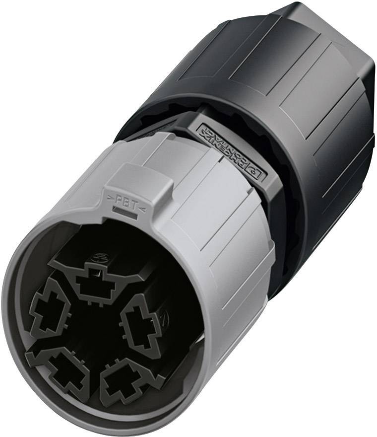 Un connettore grigio e nero a 7 pin per connessioni elettroniche su sfondo bianco.