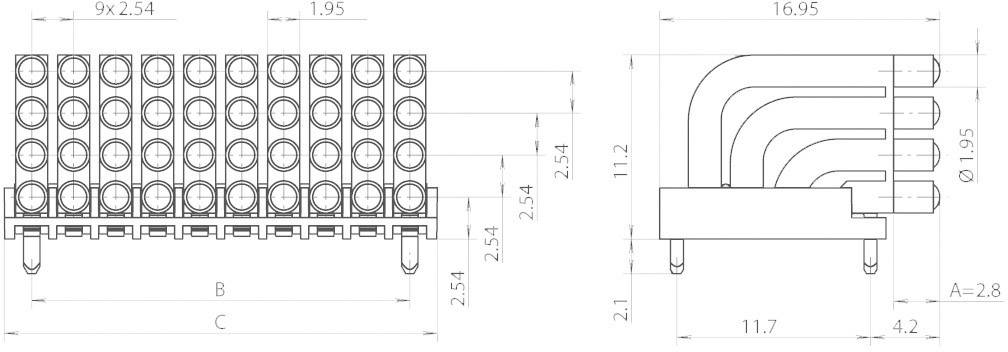 Design del connettore con misure: passo 9x2,54 mm, lunghezza totale 19,5 mm, altezza 16,95 mm; pin saldabili sotto, cavi bombati e liberi sopra.