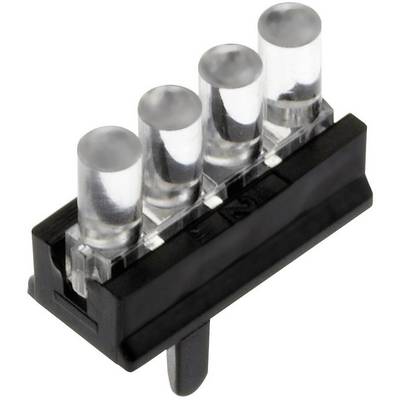 Quattro lampade LED trasparenti in fila su un piedistallo nero, montate su un componente elettrico.