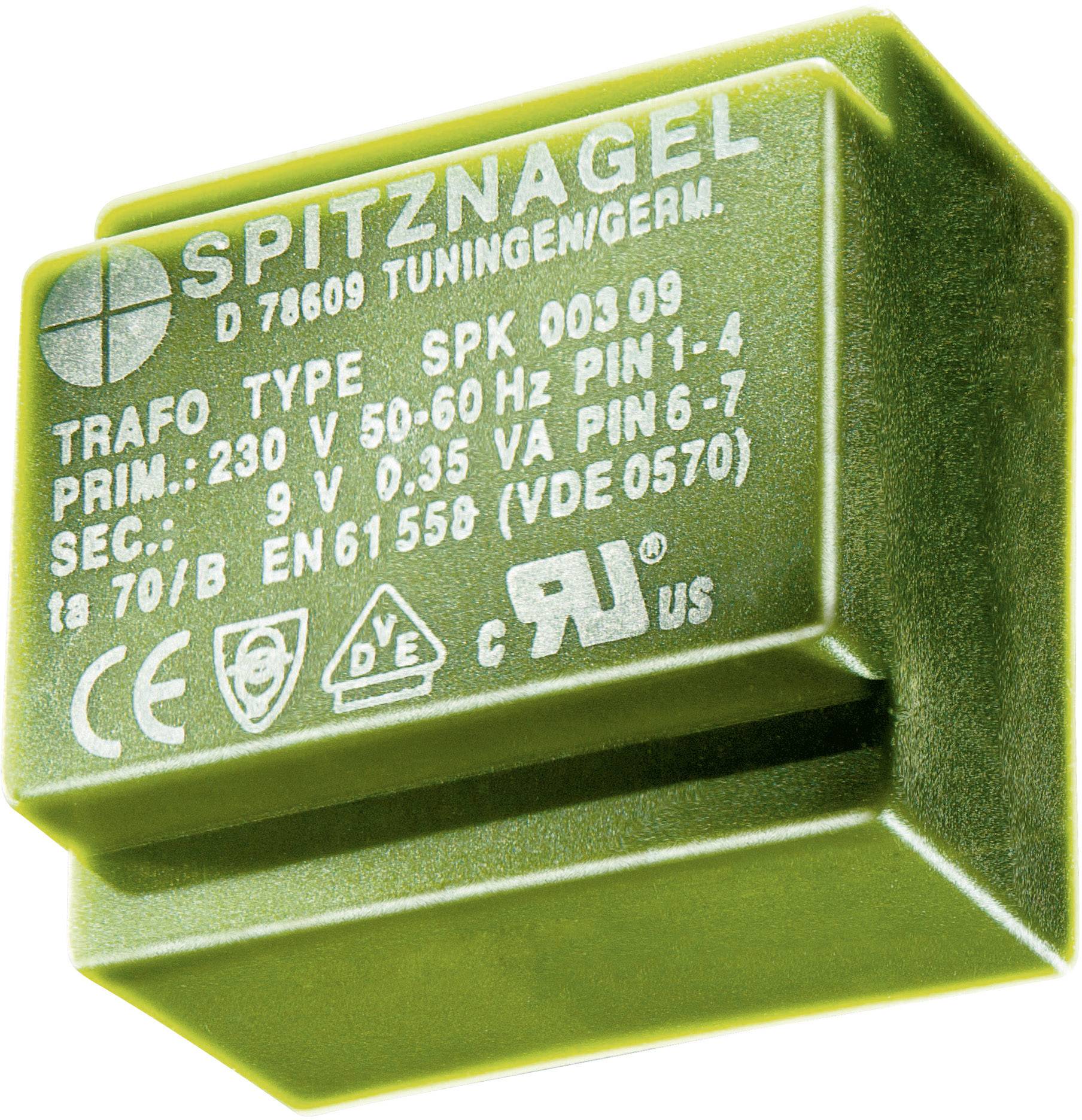 Piccolo trasformatore verde con iscrizione: 'Spitznagel, Tipo SPK 00309'. Tensione primaria 230 V, secondaria 9 V. Marchi CE e VDE.