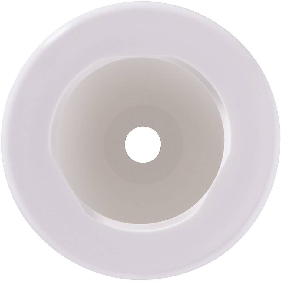 Un oggetto bianco, rotondo e piatto con un foro al centro, simile a un anello, su uno sfondo neutro.