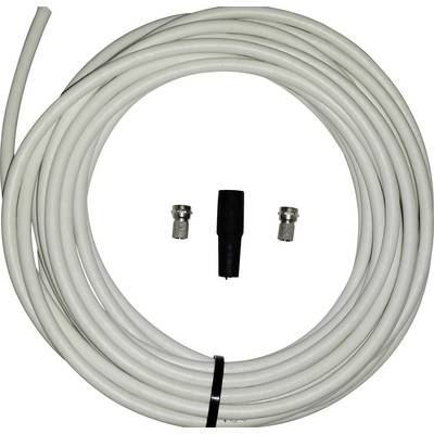 Un cavo coassiale bianco, arrotolato, è posizionato accanto a tre connettori.