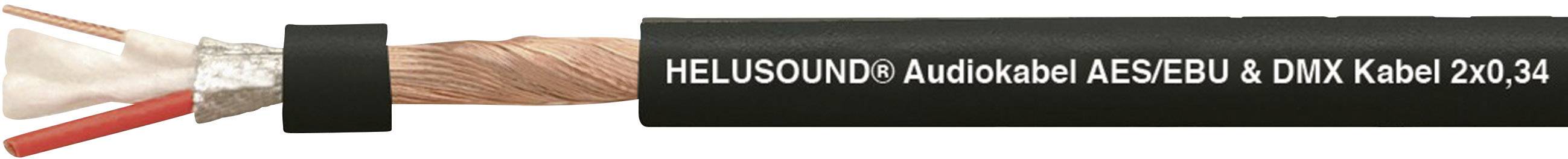 Cavo audio 'HELUSOUND AES/EBU & DMX Cavo 2x0,34' in primo piano, guaina esterna nera, schermatura argentata visibile all'estremità tagliata.