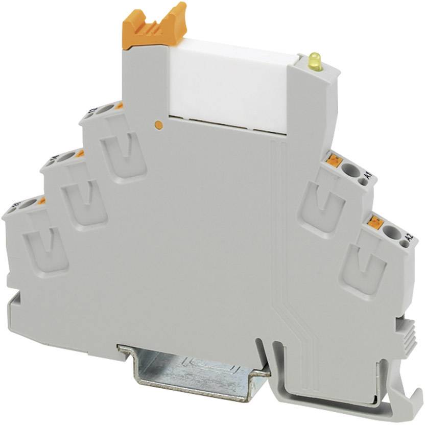 Un elemento terminale grigio a forma di triangolo con un clip metallico alla base e diversi slot per connessioni elettriche.