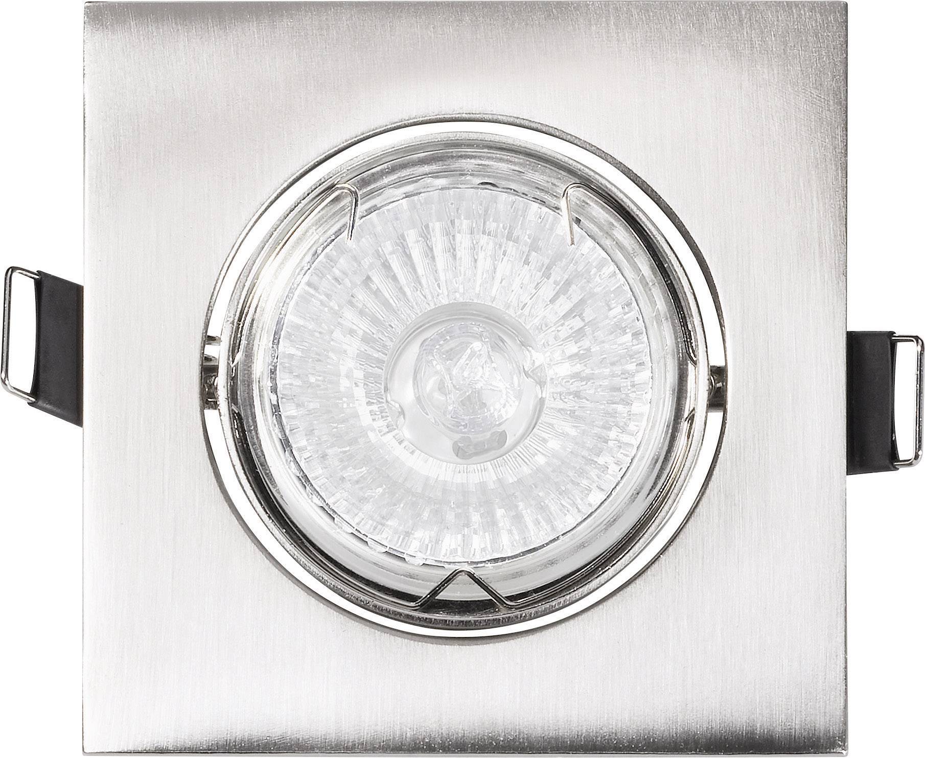Un proiettore alogeno metallico quadrato, spazzolato, con inserto cilindrico in vetro, idoneo per montaggio a soffitto in ambienti interni.