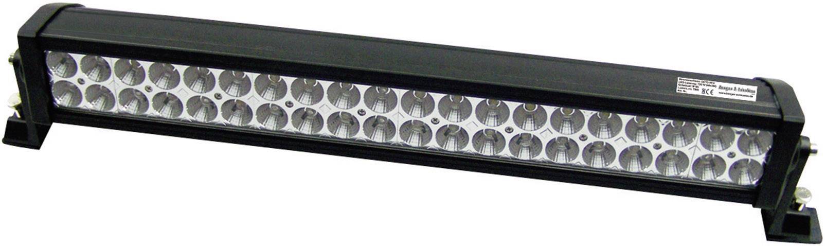 Una barra luminosa a LED con più LED rotondi è orientata orizzontalmente. La barra è nera e ha supporti su entrambe le estremità.