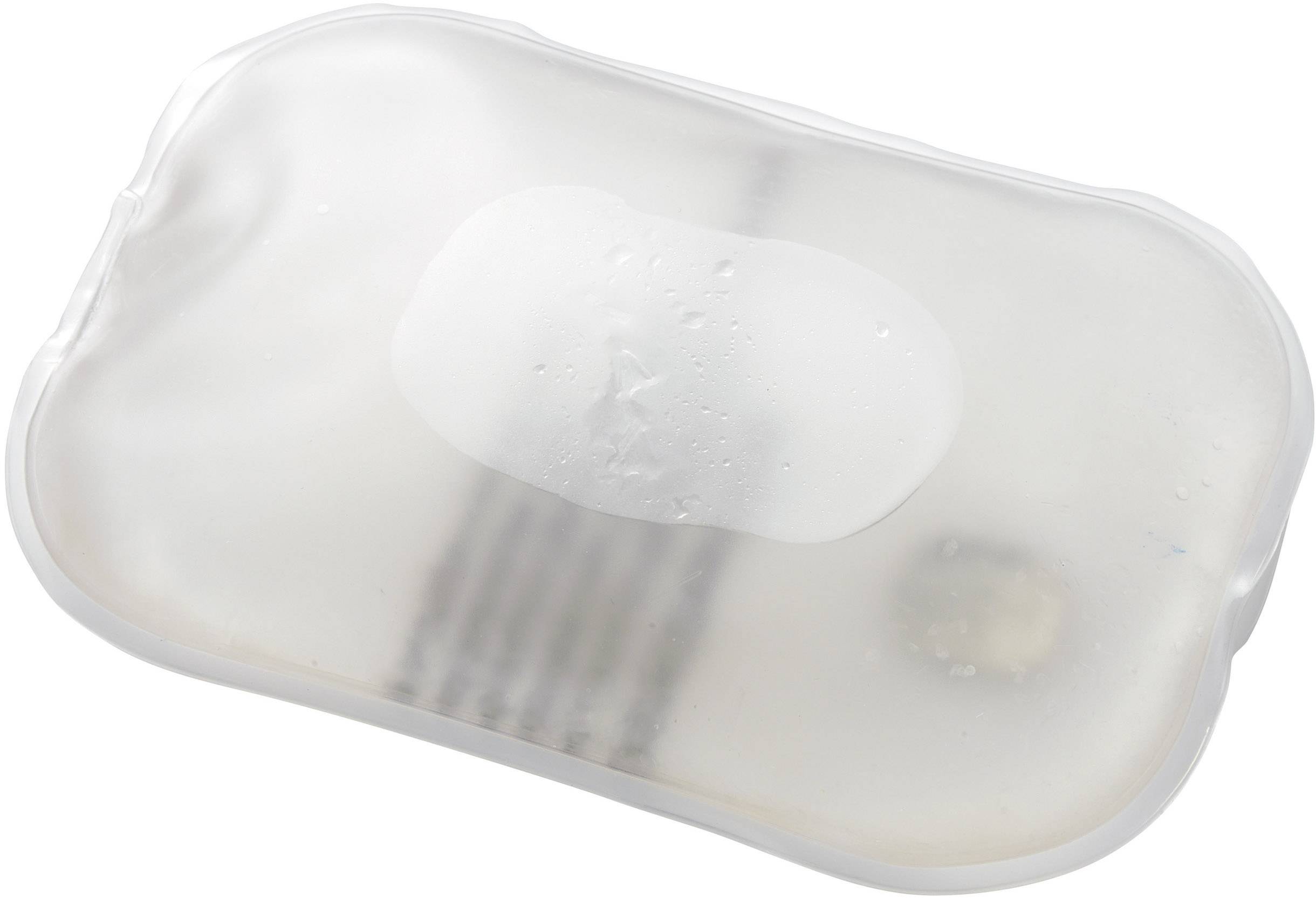 Una scatola di sapone trasparente dalla forma ovale con alcune gocce d'acqua sulla superficie.