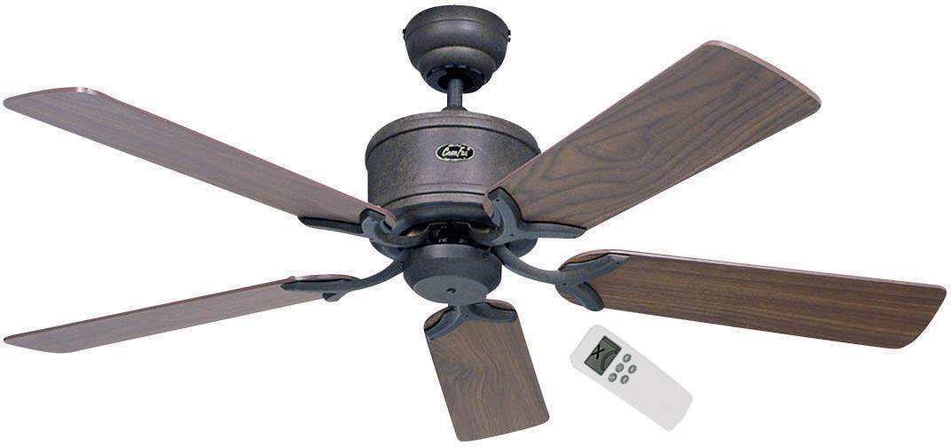 Ventilatore da soffitto con finitura effetto legno, cinque pale e telecomando.