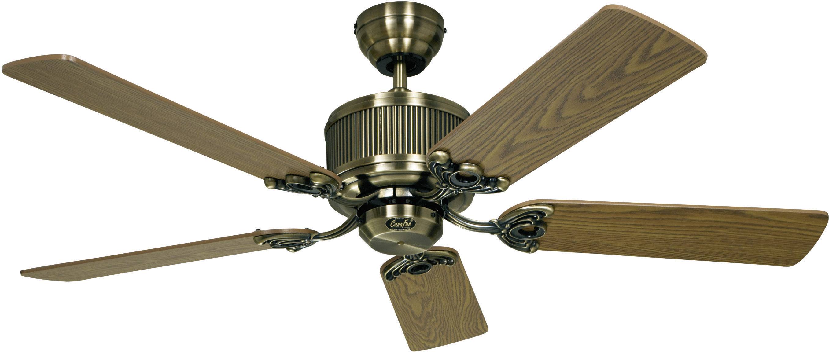 Ventilatore da soffitto con cinque pale color legno e carter in bronzo. Ideale per soggiorni o camere da letto per migliorare la circolazione dell'aria.
