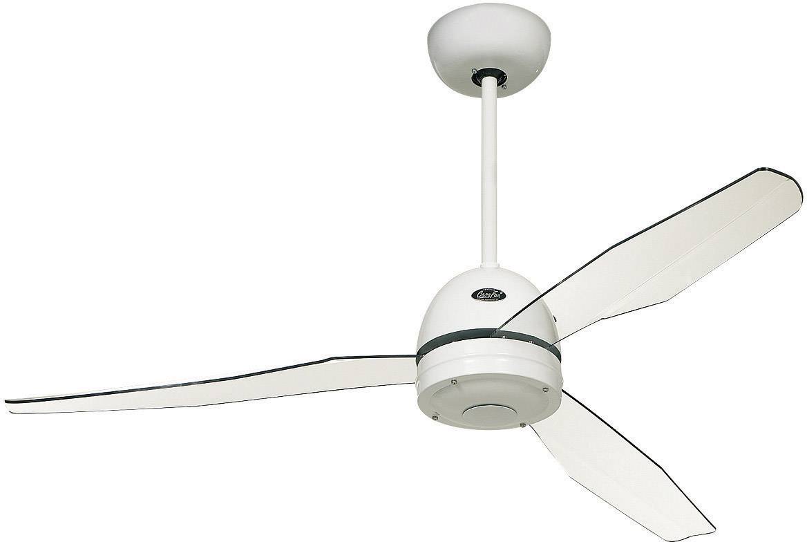 Ventilatore da soffitto bianco con tre pale, fissato a un'asta, con una copertura rotonda sul soffitto.