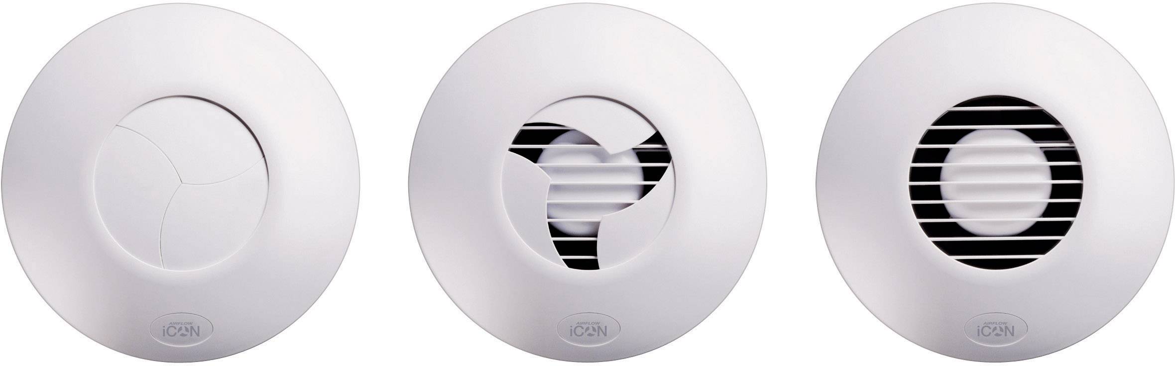 Tre griglie di ventilazione rotonde in bianco, disposte una accanto all'altra. Ogni griglia ha un design leggermente diverso con aperture delle lamelle variabili.