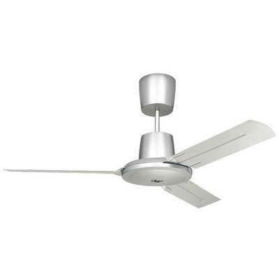 Ventilatore da soffitto dal design moderno, colore argento, con tre pale piatte, adatto a soggiorni o ambienti da ufficio.