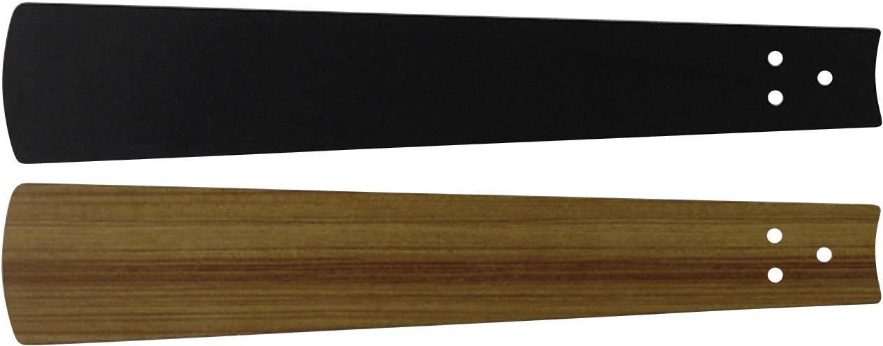 Due pale di ventilatore, una in metallo nero e l'altra in legno, ciascuna con tre fori di fissaggio.